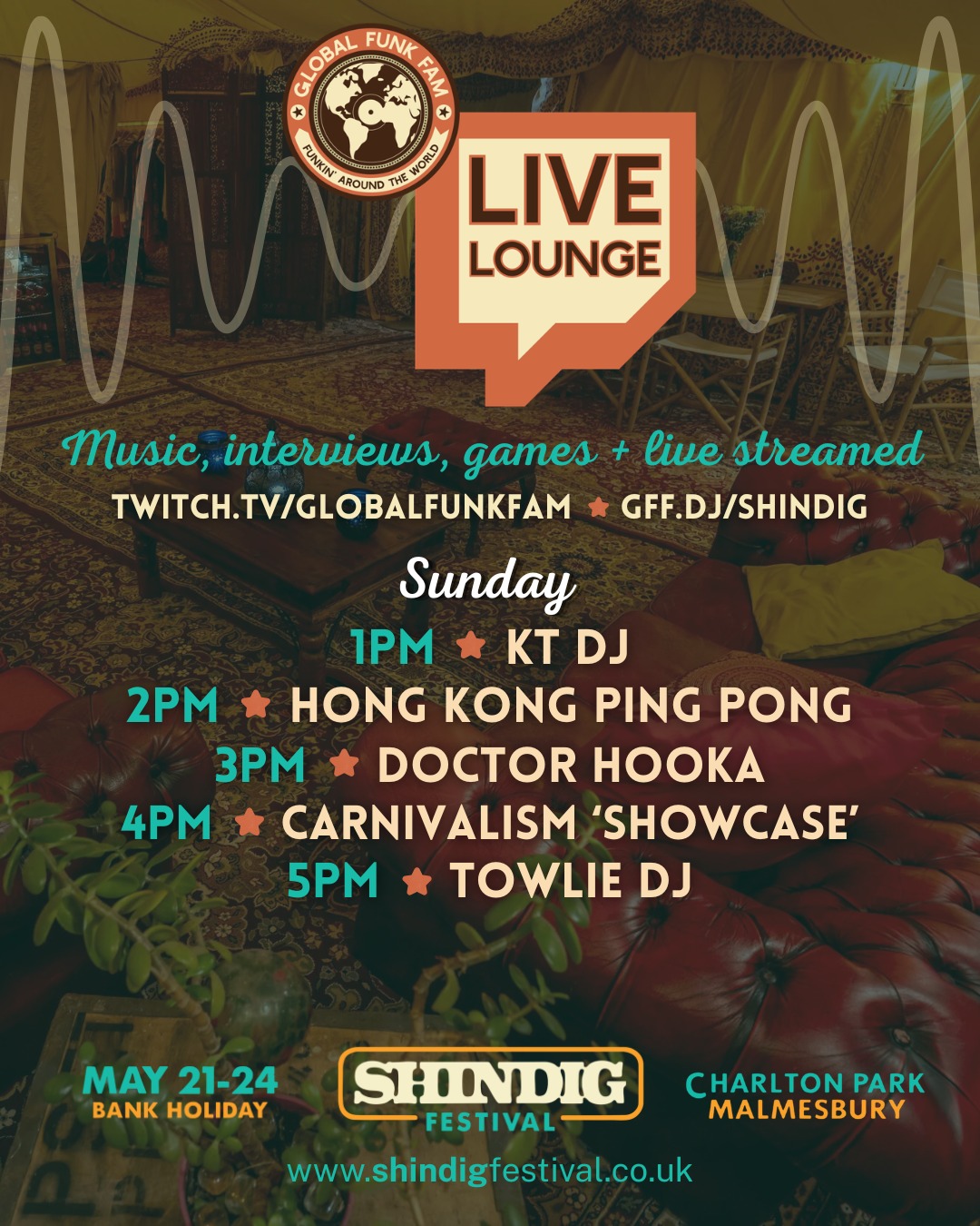 Sunday Listings for Shindig 2026 Global Funk Fam, Live Lounge