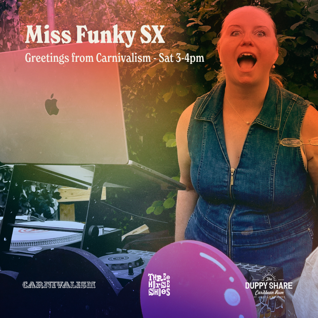 Miss Funky SX DJing at Greetings from Carnivalism at The Three Horseshoes, Bradford-on-Avon, July 2026.